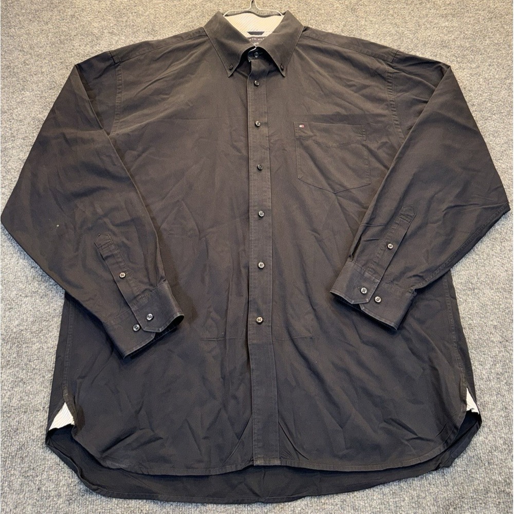 Vintage 90s Tommy Hilfiger Crest Logo Black Button Down Shirt Mens XL Preppy Y2K